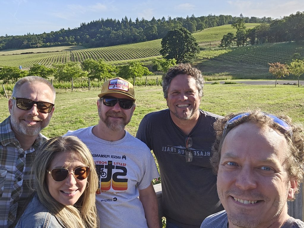 Selfie: Mark, Cheryl, dann, Joe, and Bob at a winery